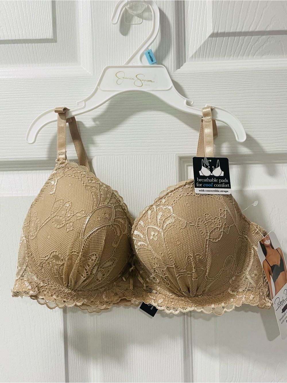 Rene Rofe Lace Trim Lightly Padded Bra in Beige